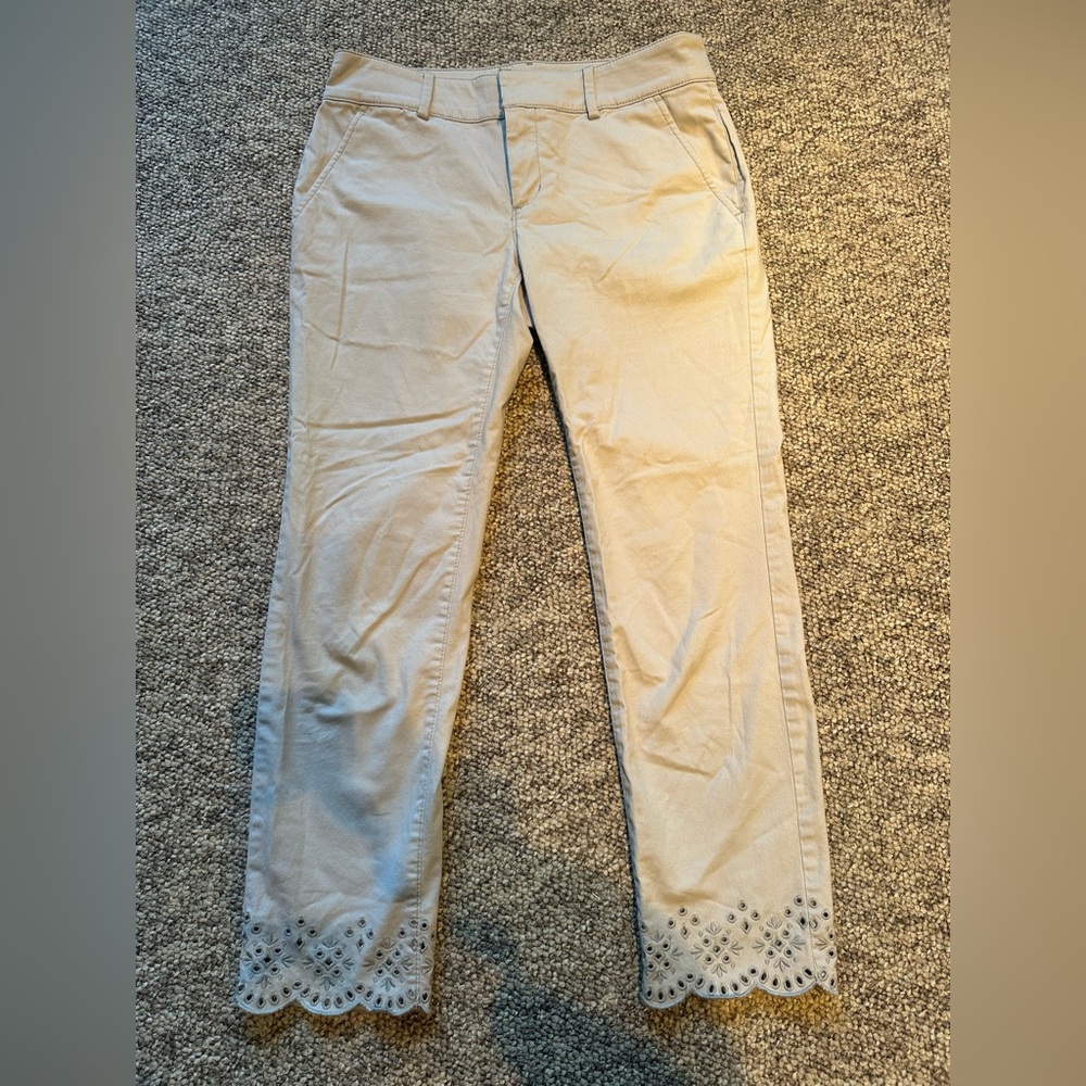LOFT Tan Ankle Cropped Jeans with Decorative Hem